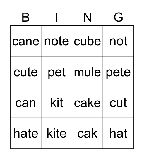 Magic E Bingo Card