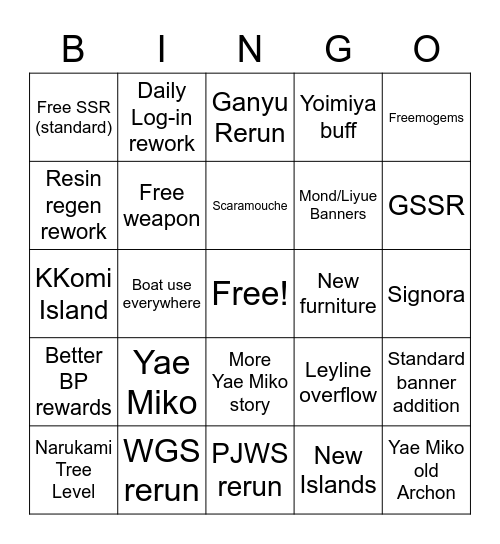 Genshin 2.1 Bingo Card