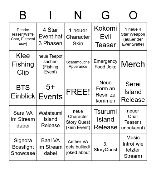 Genshin Livestream Bingo Card