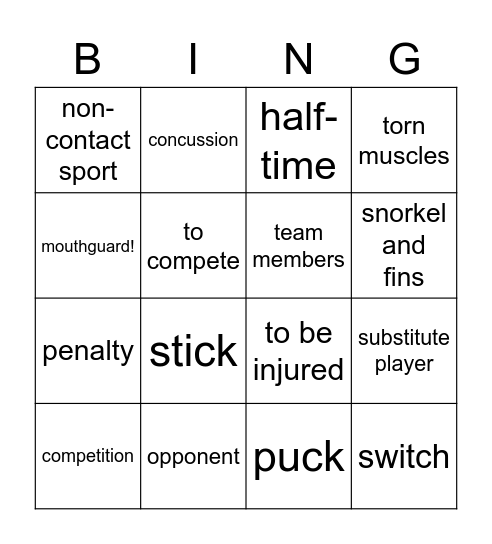 Underwater hockey Bingo Card