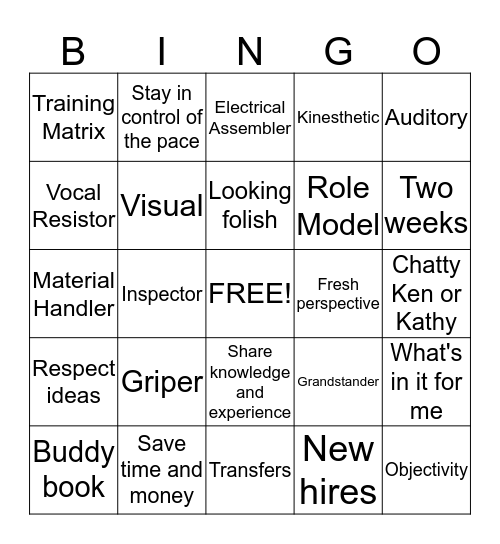 Jabil Employee Mentor Bingo Card