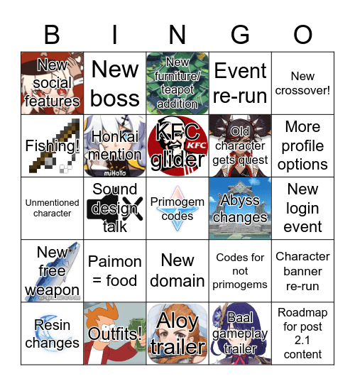 Genshin 2.1 bingo Card