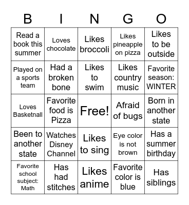All About Me! Bingo Card