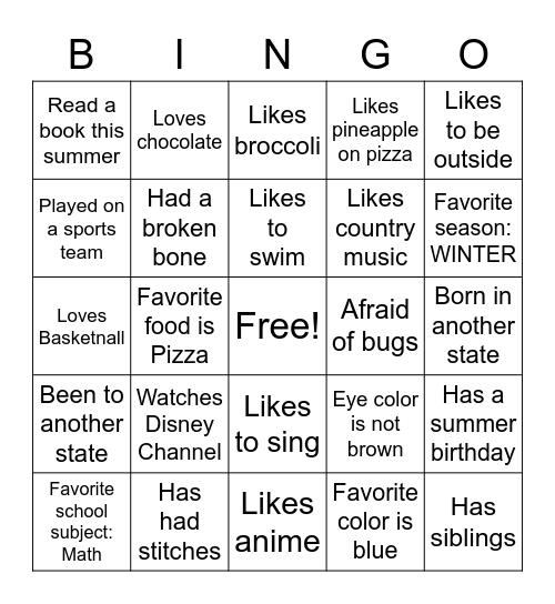 All About Me! Bingo Card