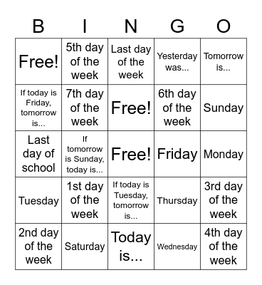 Days of the Week Bingo Card