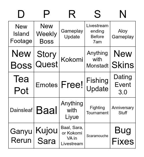 Why can't genshin get it's times right ever? Bingo Card