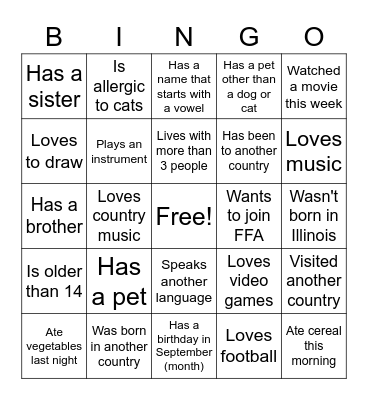 Getting to Know You Bingo Card