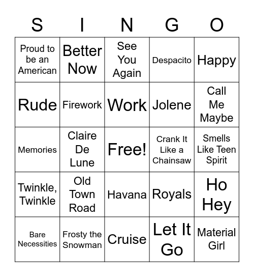 SINGO Bingo Card