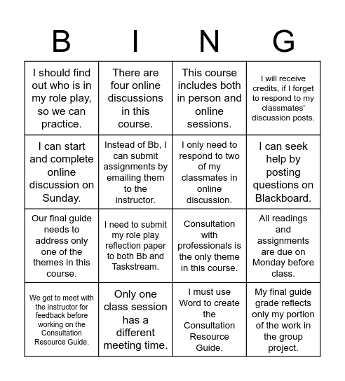 SPEG 629: Yes or No Bingo Card