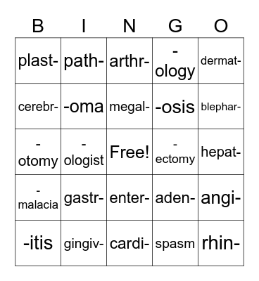 Lesson 1 Medical Terminology Bingo Card