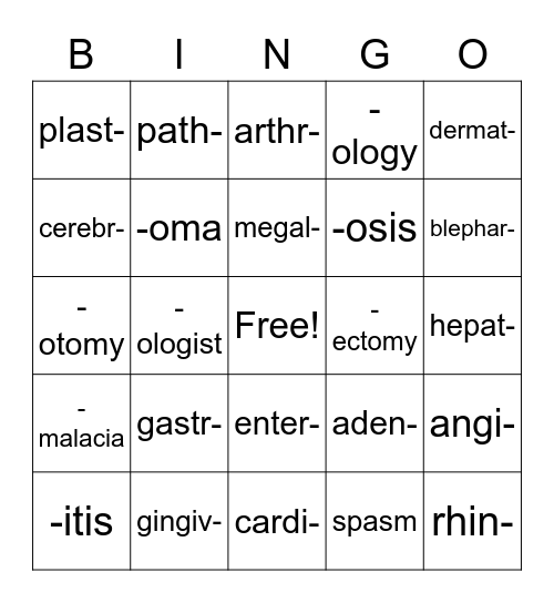 Lesson 1 Medical Terminology Bingo Card