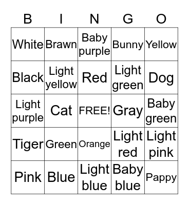 Color/animal Bingo Card