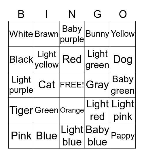 Color/animal Bingo Card