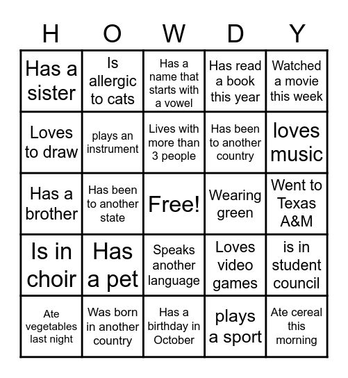 Getting to Know You Bingo Card