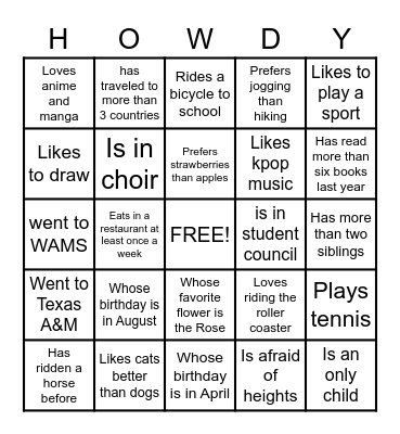 Getting To Know You. Bingo Card