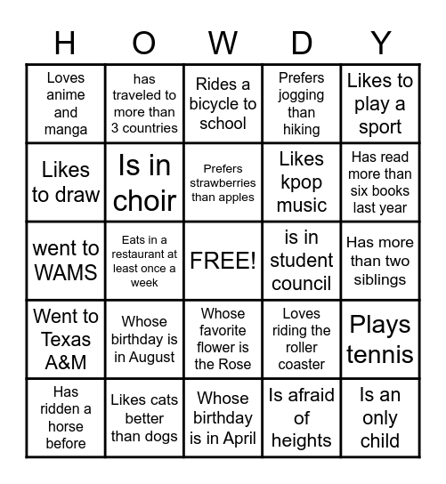 Getting To Know You. Bingo Card
