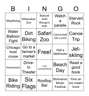Summer Activities Bingo Card
