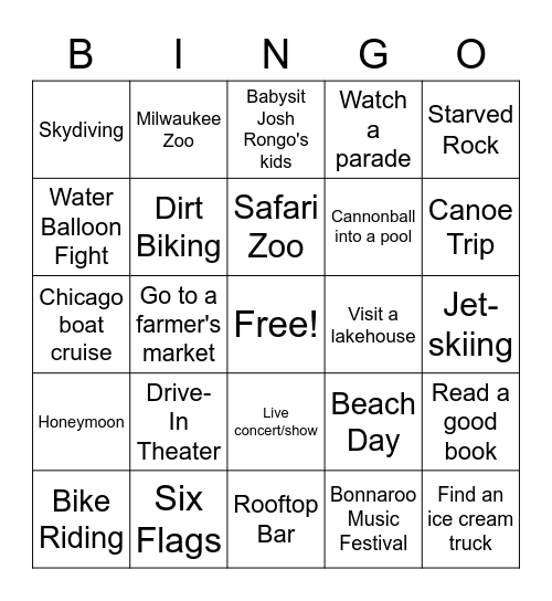 Summer Activities Bingo Card