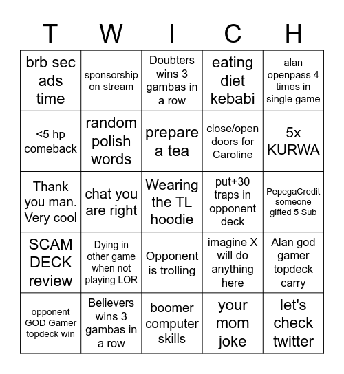 Alanzq's regular Stream Bingo Card