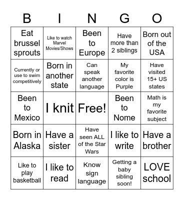 Getting to know you! Bingo Card