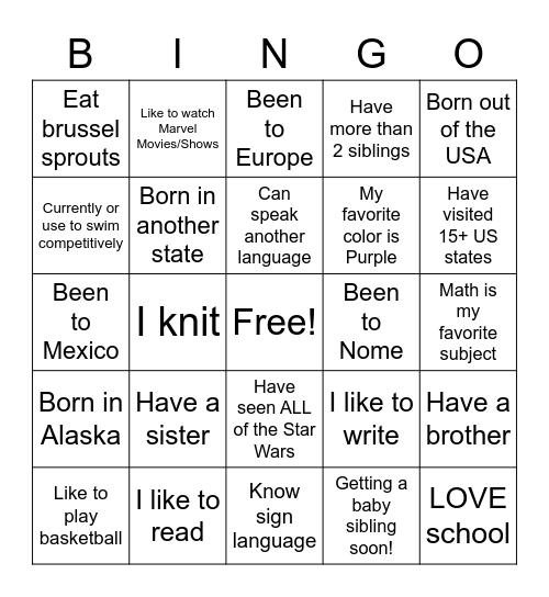 Getting to know you! Bingo Card