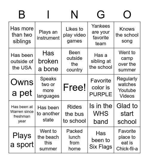 Student Information Bingo Card