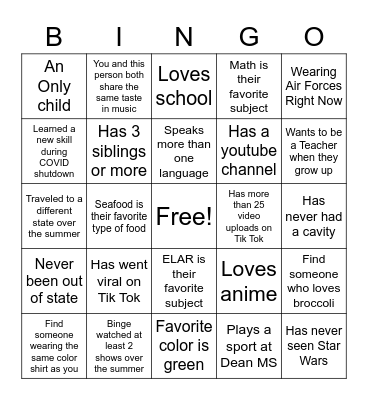 Get To Know You Bingo Card