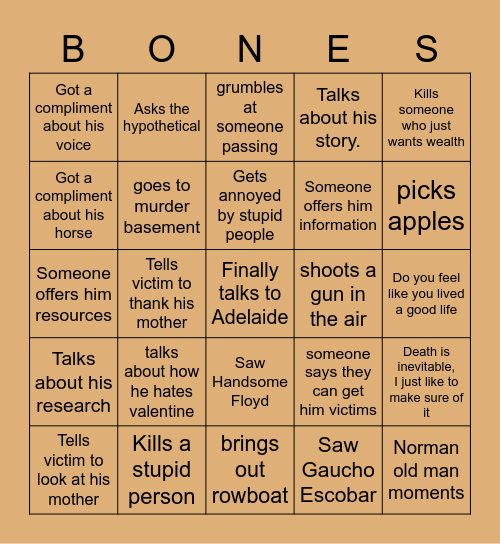 Norman Bones Bingo Card