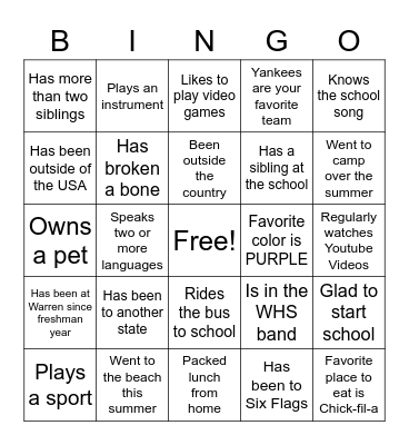 Student Information Bingo Card