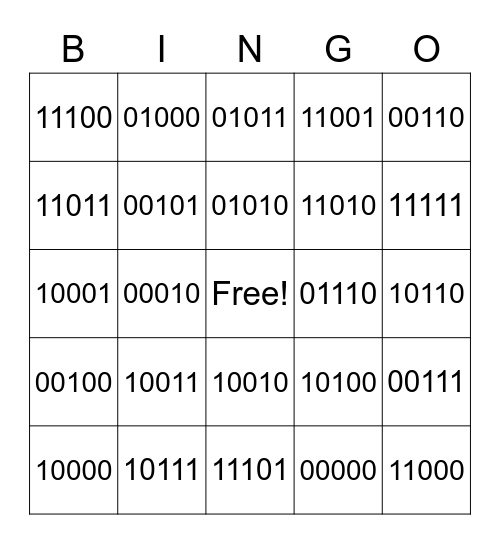 5 Bit Binary Bingo Card
