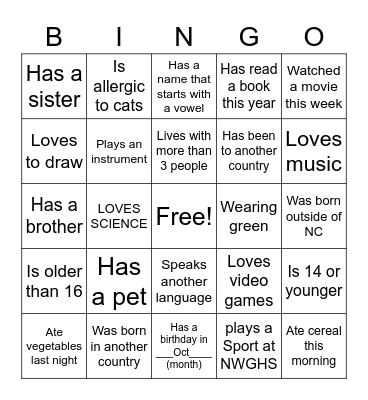 Getting to Know You Bingo Card