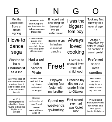 Random Childhood Facts Bingo Card