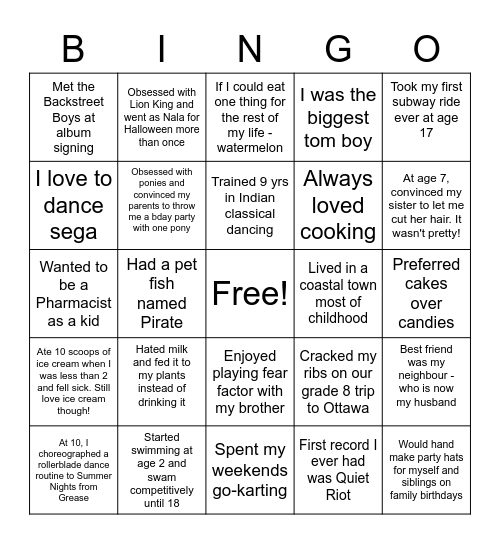 Random Childhood Facts Bingo Card