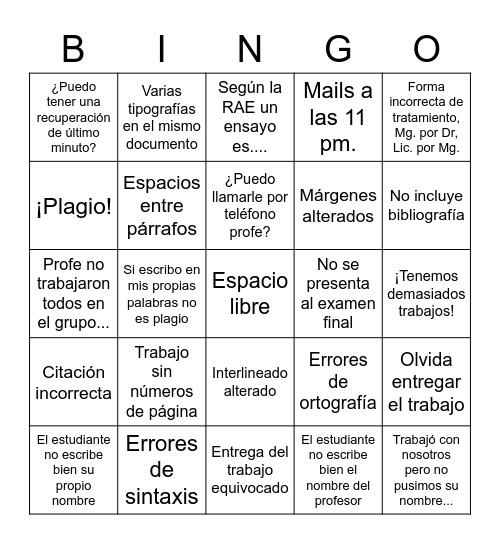 Profesor al final del parcial Bingo Card