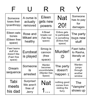 Session 31: "Warden learns what a furry is capable of" Bingo Card