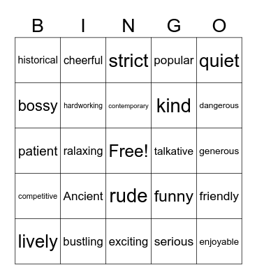 Adjectives Bingo Card