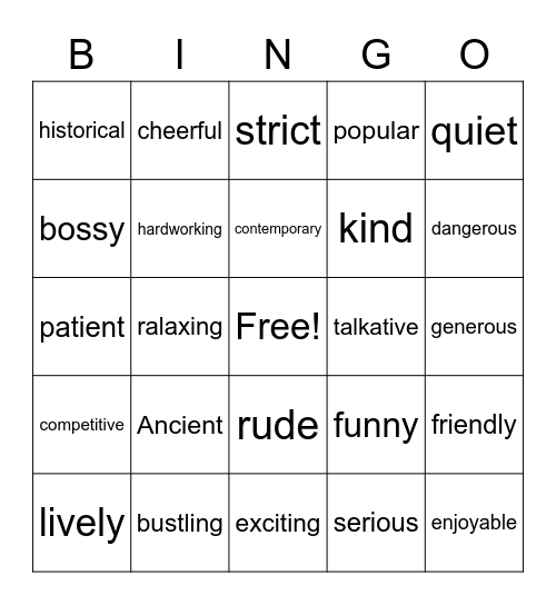 Adjectives Bingo Card