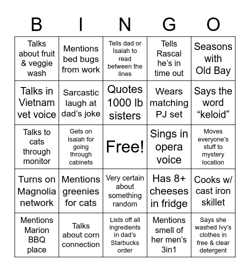 Sarah Bingo Card