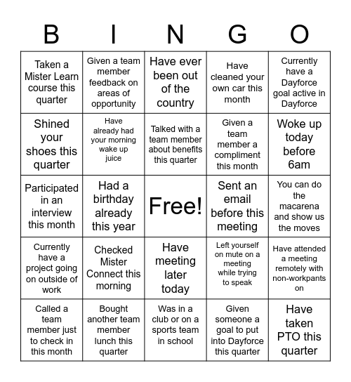 Shine Monday Bingo Card