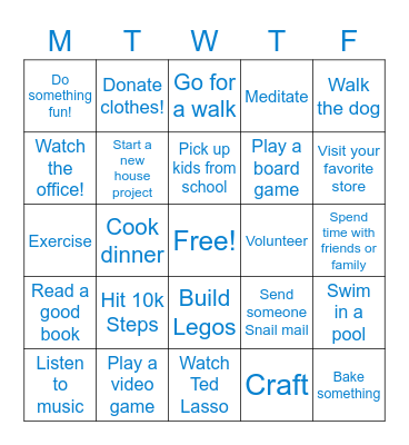 Work Life Balance Bingo Card