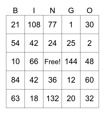 Multiplication Bingo Card