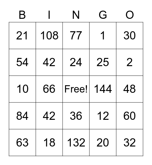 Multiplication Bingo Card