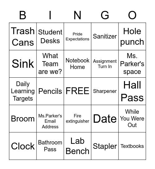 Science Classroom Expectations Bingo Card