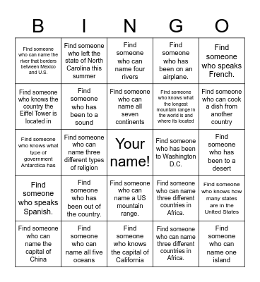 Get to know YOU Geography Bingo Card