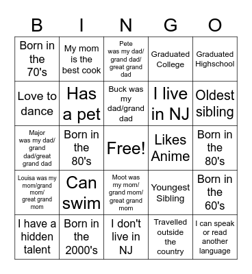 Fleming Family Bingo Card