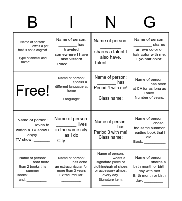 First Day of 6th Bingo Card