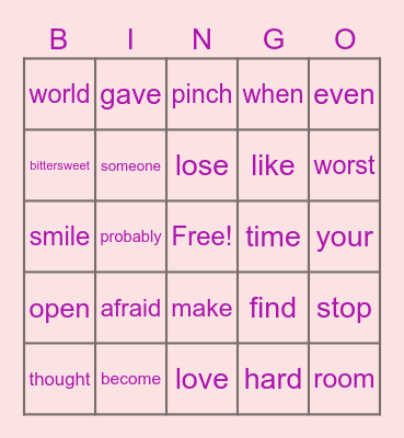 Love someone Song Bingo Card