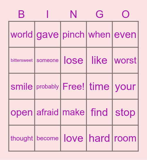 Love someone Song Bingo Card