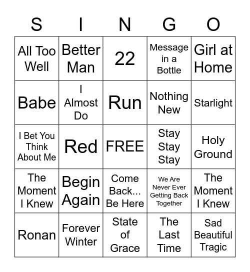 Red (Taylor's Version) Bingo Card