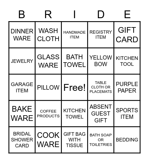 GIFTS FOR THE BRIDE Bingo Card